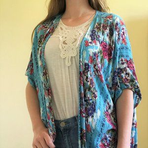 Long Boho Floral Kimono Blue and Pink